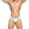 0850 Fitness Briefs men's moisture wicking briefs in white, front view