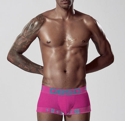 Daily wear|Gym sessions|Holiday parties|Pride events|Night gatherings|Breathable|Butt-lift design|Comfort|Proper support|Stylish appearance|Festive mood|Men's trunks|Low-rise underwear|Solid color trunks|Sexy trunks|Plum Red|Front view