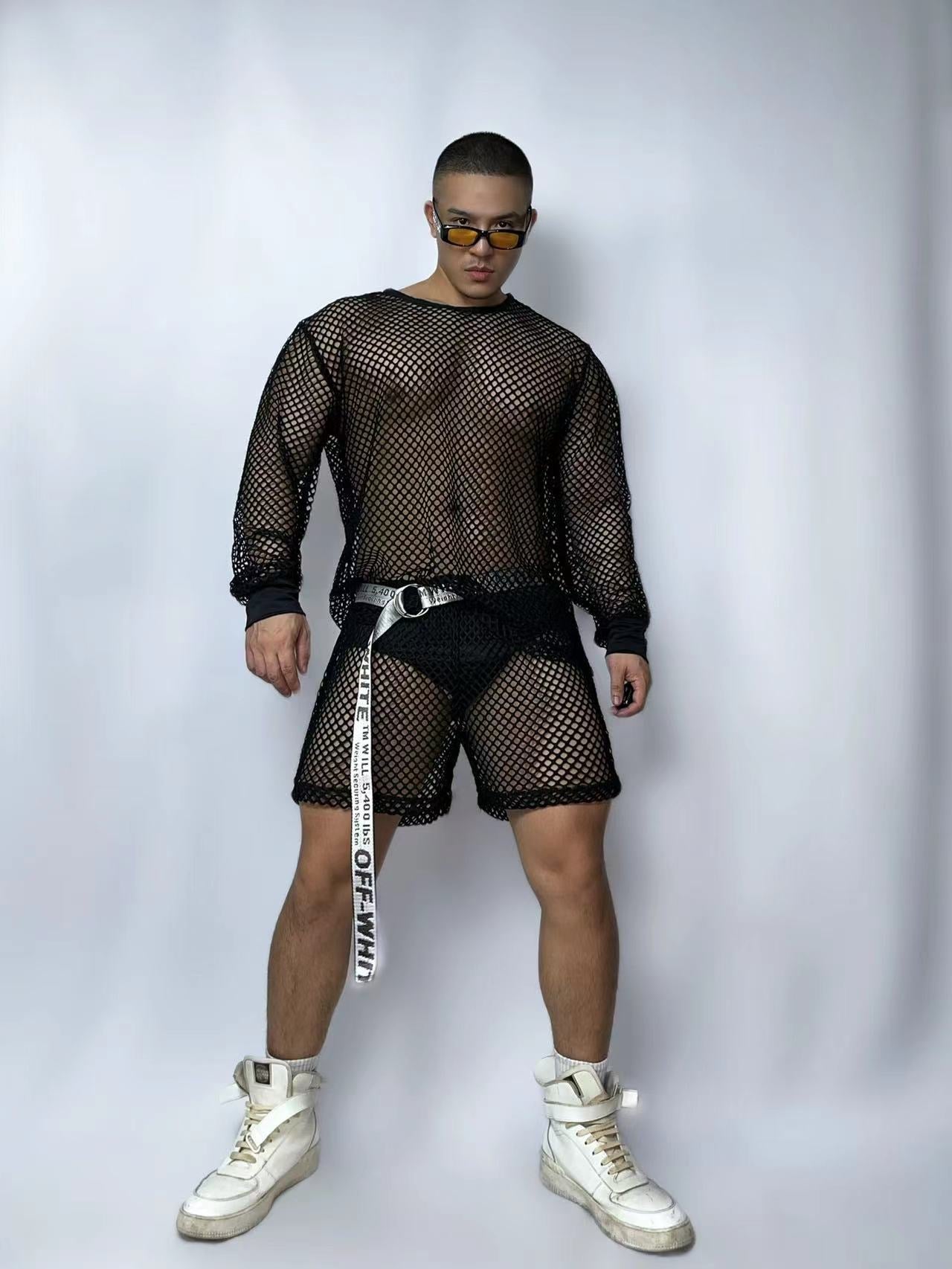 PRINCEWEAR™ | Fishnet Top & Shorts With Belt GoGo Boy Costume