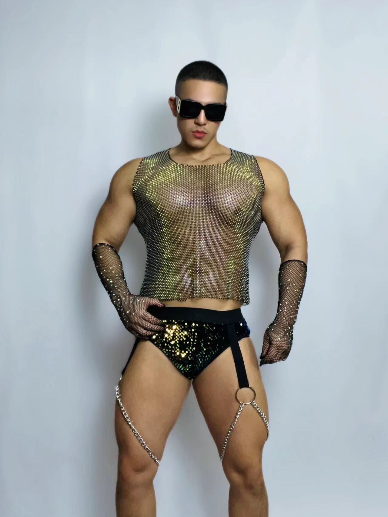 PRINCEWEAR™ | Rhinestone Mesh Crop Top & Briefs GoGo Boy Costume