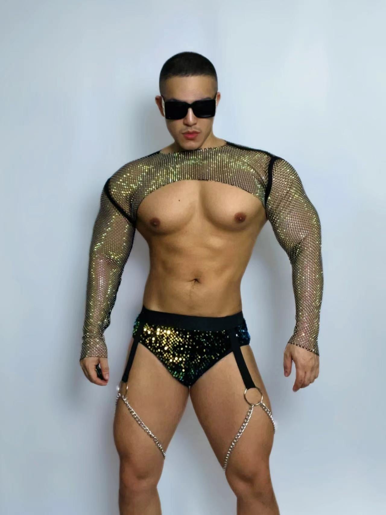 PRINCEWEAR™ | Rhinestone Mesh Crop Top & Briefs GoGo Boy Costume