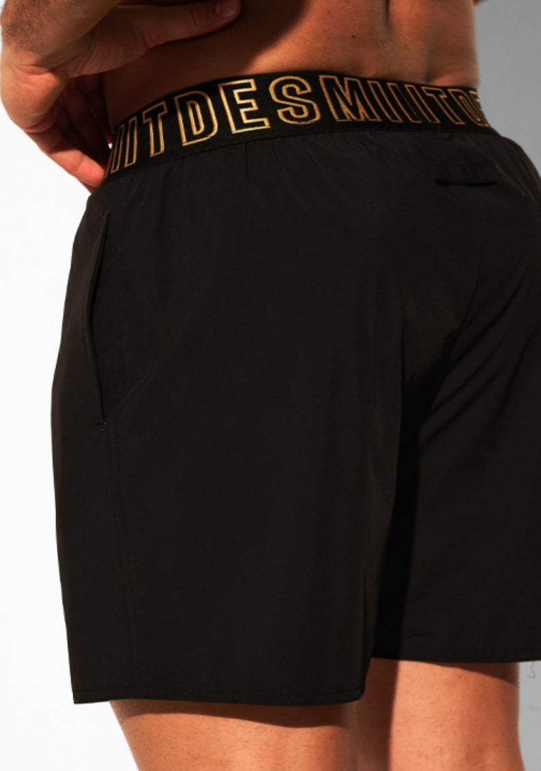 Back view of DESMIIT Low Rise Quick-Dry Swim Beach Shorts with Quick Dry feature in Black.