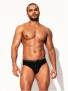 Front view of DESMIIT Low Rise Swim Briefs with Removable Bulge Pouch with Breathable Design feature in Black.