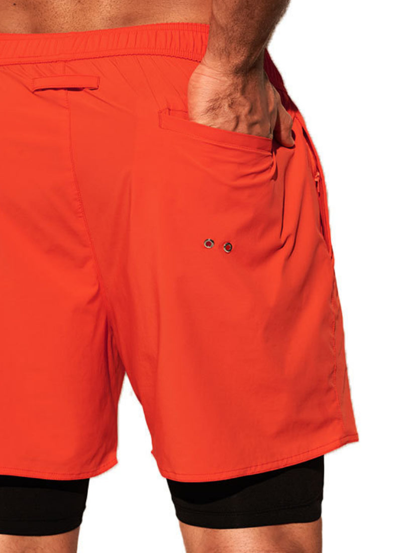 Detail view of DESMIIT Quick-Dry Double Layer Swim Trunks with Quick Dry feature in Orange.