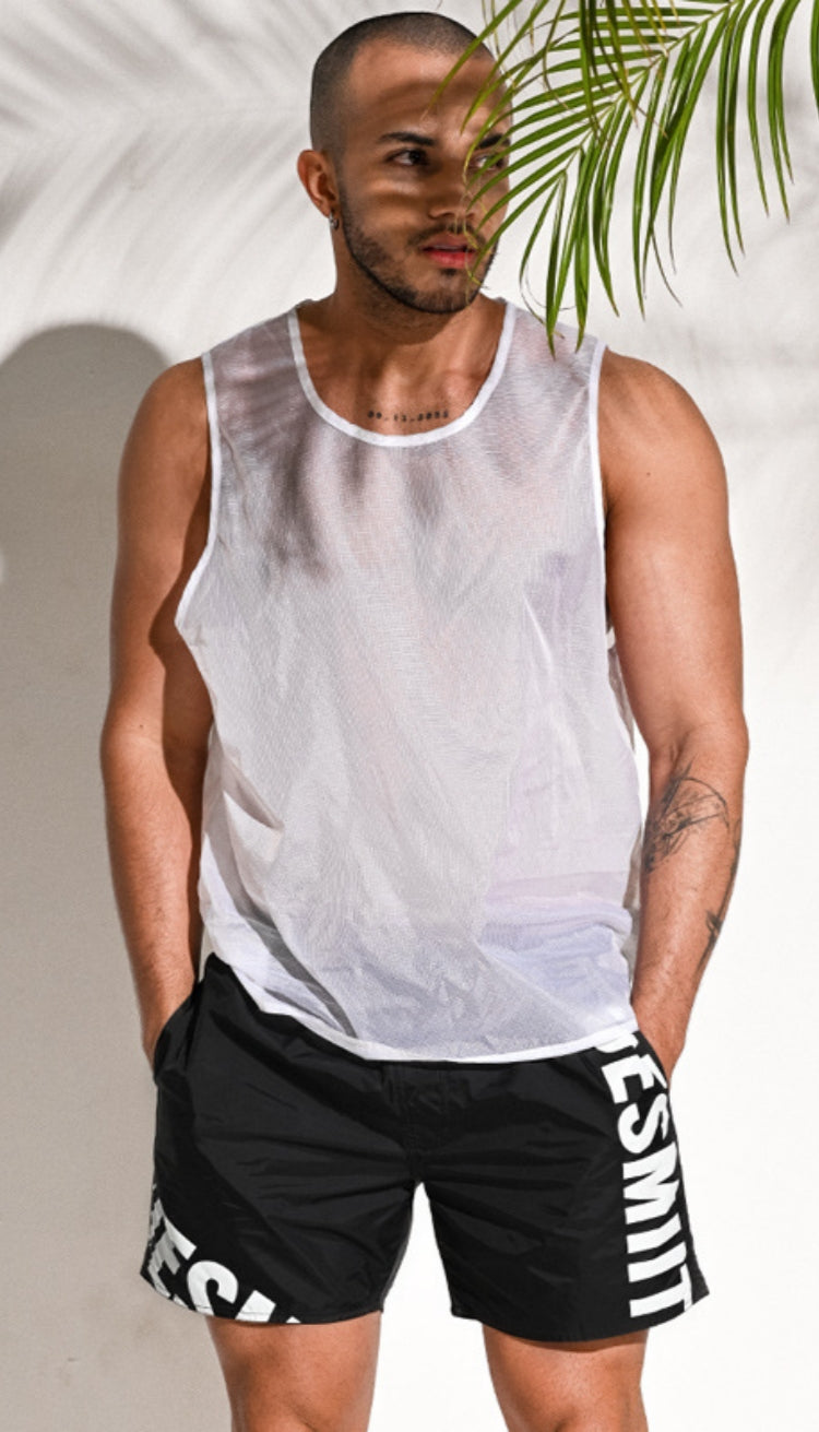 Front view of DESMIIT Quick-Dry Sports Swim Beach Shorts with Quick Dry feature in Black.