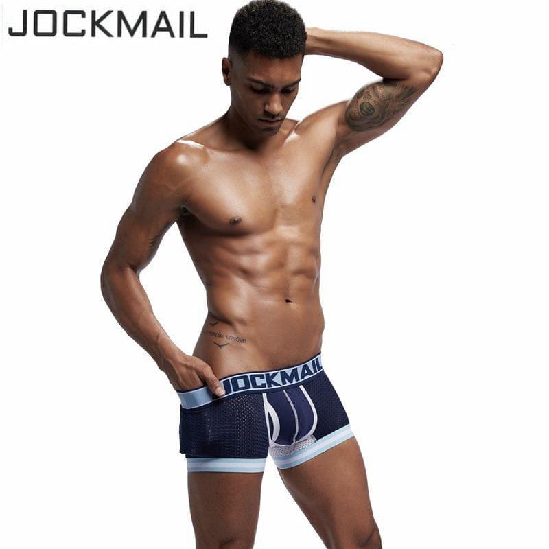 JOCKMAIL Bulge Pouch Mesh Boxers men's breathable mesh underwear in dark blue, front view