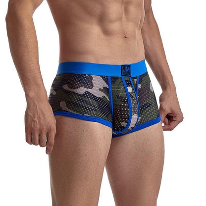Daily wear|Gym sessions|Holiday parties|Pride events|Night gatherings|Breathable|Butt-lift design|Snug fit|Lightweight|Shaping|Waistline control|Slimming|Abdomen control|Comfort|Proper support|Stylish appearance|Festive mood|Body sculpting|Men's trunks|Low-rise underwear|Polyester pouch trunks|Camo mesh trunks|Sports trunks|Blue|Front view