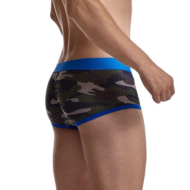 Daily wear|Gym sessions|Holiday parties|Pride events|Night gatherings|Breathable|Butt-lift design|Snug fit|Lightweight|Shaping|Waistline control|Slimming|Abdomen control|Comfort|Proper support|Stylish appearance|Festive mood|Body sculpting|Men's trunks|Low-rise underwear|Polyester pouch trunks|Camo mesh trunks|Sports trunks|Blue|Right Side view