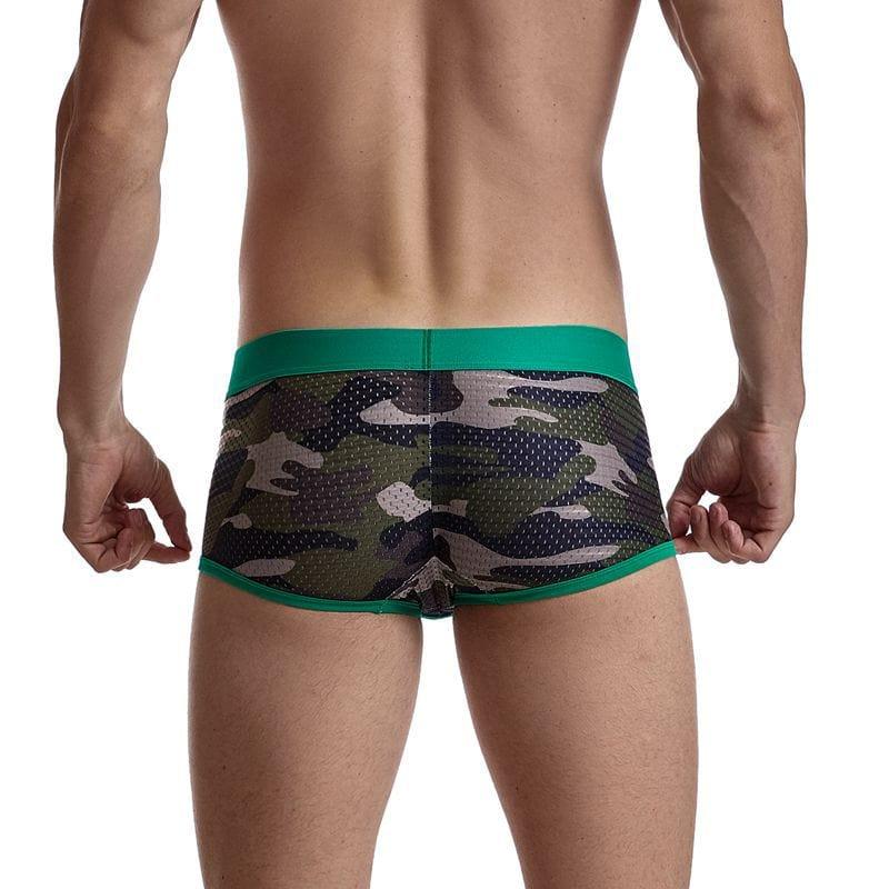 Daily wear|Gym sessions|Holiday parties|Pride events|Night gatherings|Breathable|Butt-lift design|Snug fit|Lightweight|Shaping|Waistline control|Slimming|Abdomen control|Comfort|Proper support|Stylish appearance|Festive mood|Body sculpting|Men's trunks|Low-rise underwear|Polyester pouch trunks|Camo mesh trunks|Sports trunks|Green|Back view