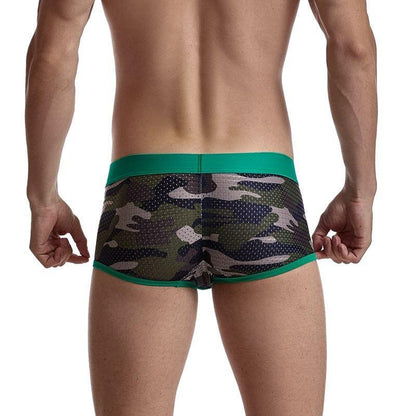 Daily wear|Gym sessions|Holiday parties|Pride events|Night gatherings|Breathable|Butt-lift design|Snug fit|Lightweight|Shaping|Waistline control|Slimming|Abdomen control|Comfort|Proper support|Stylish appearance|Festive mood|Body sculpting|Men's trunks|Low-rise underwear|Polyester pouch trunks|Camo mesh trunks|Sports trunks|Green|Back view