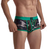 Daily wear|Gym sessions|Holiday parties|Pride events|Night gatherings|Breathable|Butt-lift design|Snug fit|Lightweight|Shaping|Waistline control|Slimming|Abdomen control|Comfort|Proper support|Stylish appearance|Festive mood|Body sculpting|Men's trunks|Low-rise underwear|Polyester pouch trunks|Camo mesh trunks|Sports trunks|Green|Right Side view
