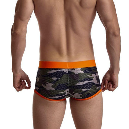 Daily wear|Gym sessions|Holiday parties|Pride events|Night gatherings|Breathable|Butt-lift design|Snug fit|Lightweight|Shaping|Waistline control|Slimming|Abdomen control|Comfort|Proper support|Stylish appearance|Festive mood|Body sculpting|Men's trunks|Low-rise underwear|Polyester pouch trunks|Camo mesh trunks|Sports trunks|Orange|Back view