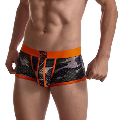 Daily wear|Gym sessions|Holiday parties|Pride events|Night gatherings|Breathable|Butt-lift design|Snug fit|Lightweight|Shaping|Waistline control|Slimming|Abdomen control|Comfort|Proper support|Stylish appearance|Festive mood|Body sculpting|Men's trunks|Low-rise underwear|Polyester pouch trunks|Camo mesh trunks|Sports trunks|Orange|Front view