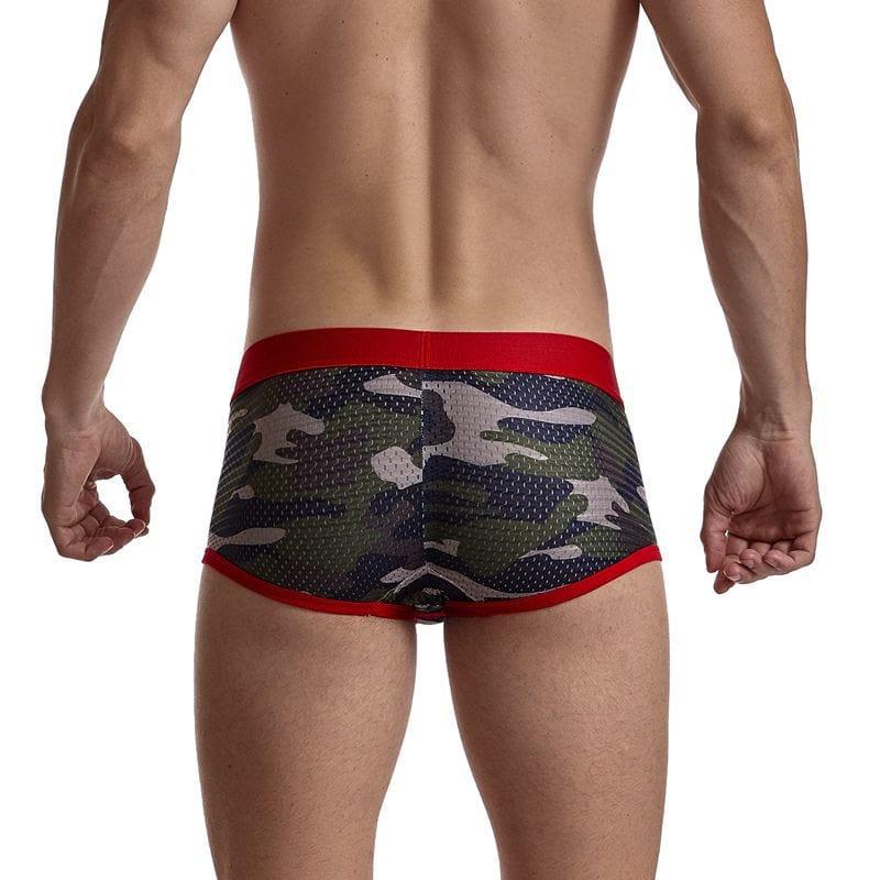 Daily wear|Gym sessions|Holiday parties|Pride events|Night gatherings|Breathable|Butt-lift design|Snug fit|Lightweight|Shaping|Waistline control|Slimming|Abdomen control|Comfort|Proper support|Stylish appearance|Festive mood|Body sculpting|Men's trunks|Low-rise underwear|Polyester pouch trunks|Camo mesh trunks|Sports trunks|Red|Back view