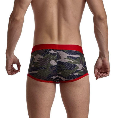 Daily wear|Gym sessions|Holiday parties|Pride events|Night gatherings|Breathable|Butt-lift design|Snug fit|Lightweight|Shaping|Waistline control|Slimming|Abdomen control|Comfort|Proper support|Stylish appearance|Festive mood|Body sculpting|Men's trunks|Low-rise underwear|Polyester pouch trunks|Camo mesh trunks|Sports trunks|Red|Back view