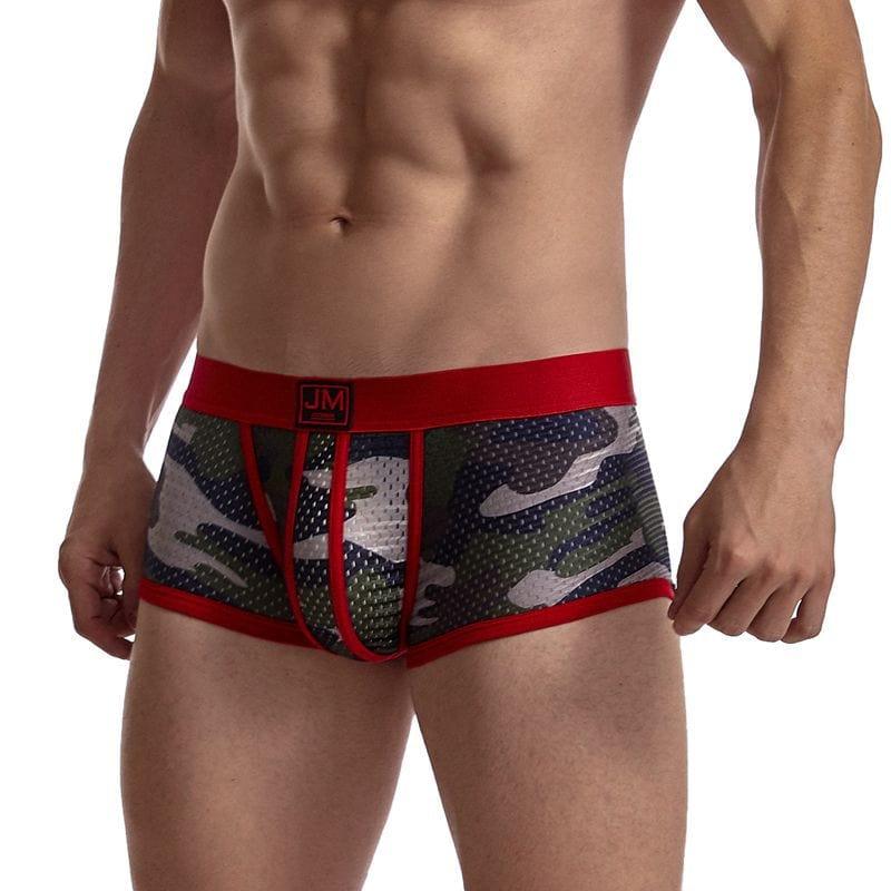 Daily wear|Gym sessions|Holiday parties|Pride events|Night gatherings|Breathable|Butt-lift design|Snug fit|Lightweight|Shaping|Waistline control|Slimming|Abdomen control|Comfort|Proper support|Stylish appearance|Festive mood|Body sculpting|Men's trunks|Low-rise underwear|Polyester pouch trunks|Camo mesh trunks|Sports trunks|Red|Front view