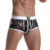 Daily wear|Gym sessions|Holiday parties|Pride events|Night gatherings|Breathable|Butt-lift design|Snug fit|Lightweight|Shaping|Waistline control|Slimming|Abdomen control|Comfort|Proper support|Stylish appearance|Festive mood|Body sculpting|Men's trunks|Low-rise underwear|Polyester pouch trunks|Camo mesh trunks|Sports trunks|White|Front view