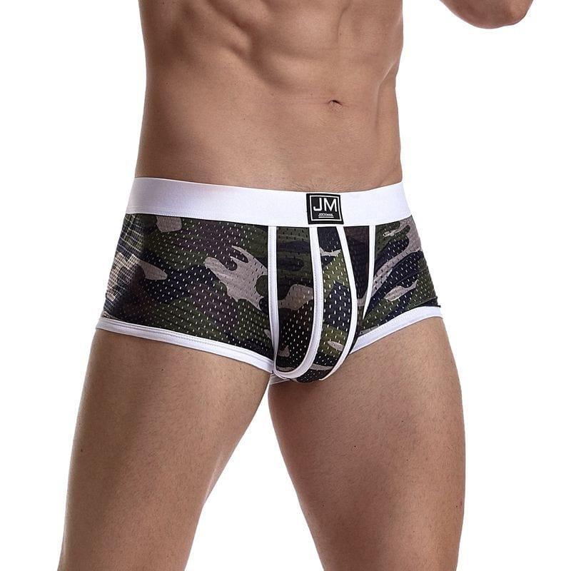 Daily wear|Gym sessions|Holiday parties|Pride events|Night gatherings|Breathable|Butt-lift design|Snug fit|Lightweight|Shaping|Waistline control|Slimming|Abdomen control|Comfort|Proper support|Stylish appearance|Festive mood|Body sculpting|Men's trunks|Low-rise underwear|Polyester pouch trunks|Camo mesh trunks|Sports trunks|White|Front view