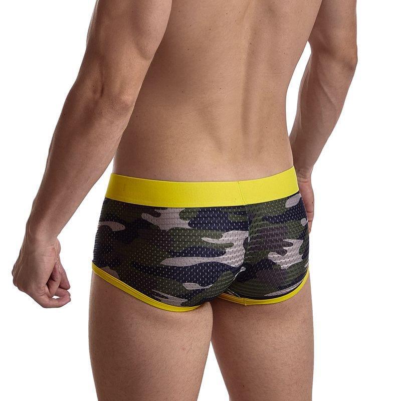 Daily wear|Gym sessions|Holiday parties|Pride events|Night gatherings|Breathable|Butt-lift design|Snug fit|Lightweight|Shaping|Waistline control|Slimming|Abdomen control|Comfort|Proper support|Stylish appearance|Festive mood|Body sculpting|Men's trunks|Low-rise underwear|Polyester pouch trunks|Camo mesh trunks|Sports trunks|Yellow|Back view