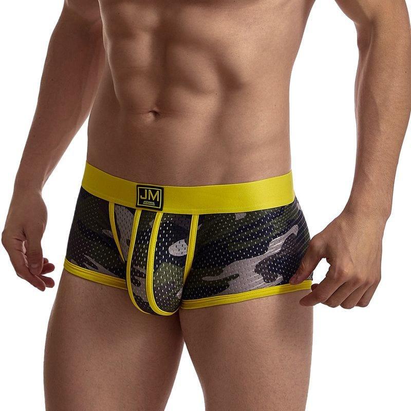 Daily wear|Gym sessions|Holiday parties|Pride events|Night gatherings|Breathable|Butt-lift design|Snug fit|Lightweight|Shaping|Waistline control|Slimming|Abdomen control|Comfort|Proper support|Stylish appearance|Festive mood|Body sculpting|Men's trunks|Low-rise underwear|Polyester pouch trunks|Camo mesh trunks|Sports trunks|Yellow|Front view