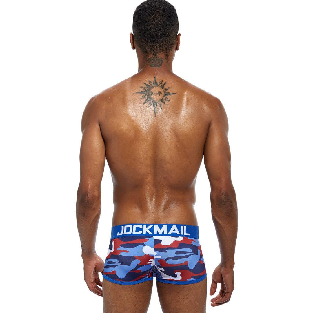 Daily wear|Gym sessions|Holiday parties|Pride events|Night gatherings|Breathable|Butt-lift design|Snug fit|Lightweight|Shaping|Waistline control|Slimming|Abdomen control|Comfort|Proper support|Stylish appearance|Festive mood|Body sculpting|Men's trunks|Low-rise underwear|Camo trunks|Sexy trunks|Colorful Blue|Back view