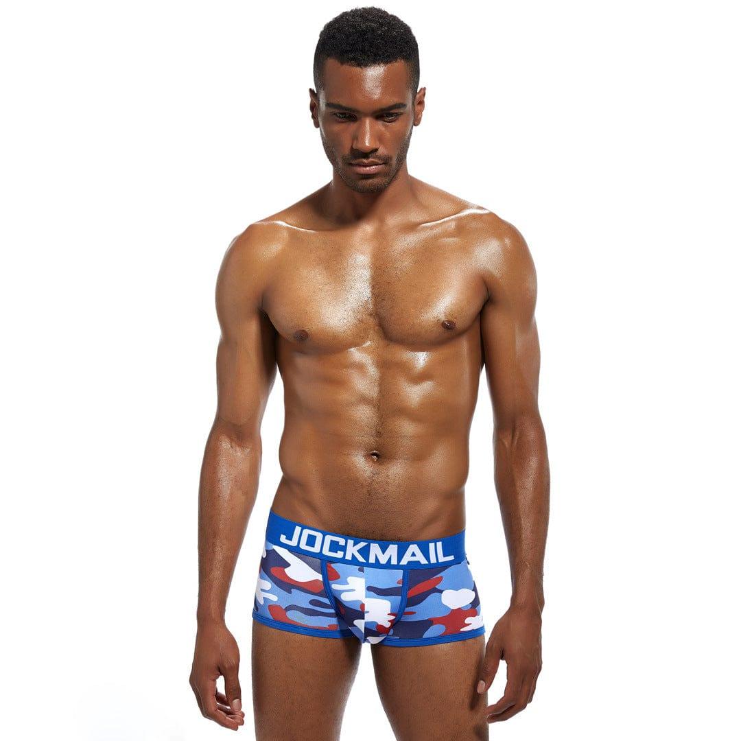 Daily wear|Gym sessions|Holiday parties|Pride events|Night gatherings|Breathable|Butt-lift design|Snug fit|Lightweight|Shaping|Waistline control|Slimming|Abdomen control|Comfort|Proper support|Stylish appearance|Festive mood|Body sculpting|Men's trunks|Low-rise underwear|Camo trunks|Sexy trunks|Colorful Blue|Front view