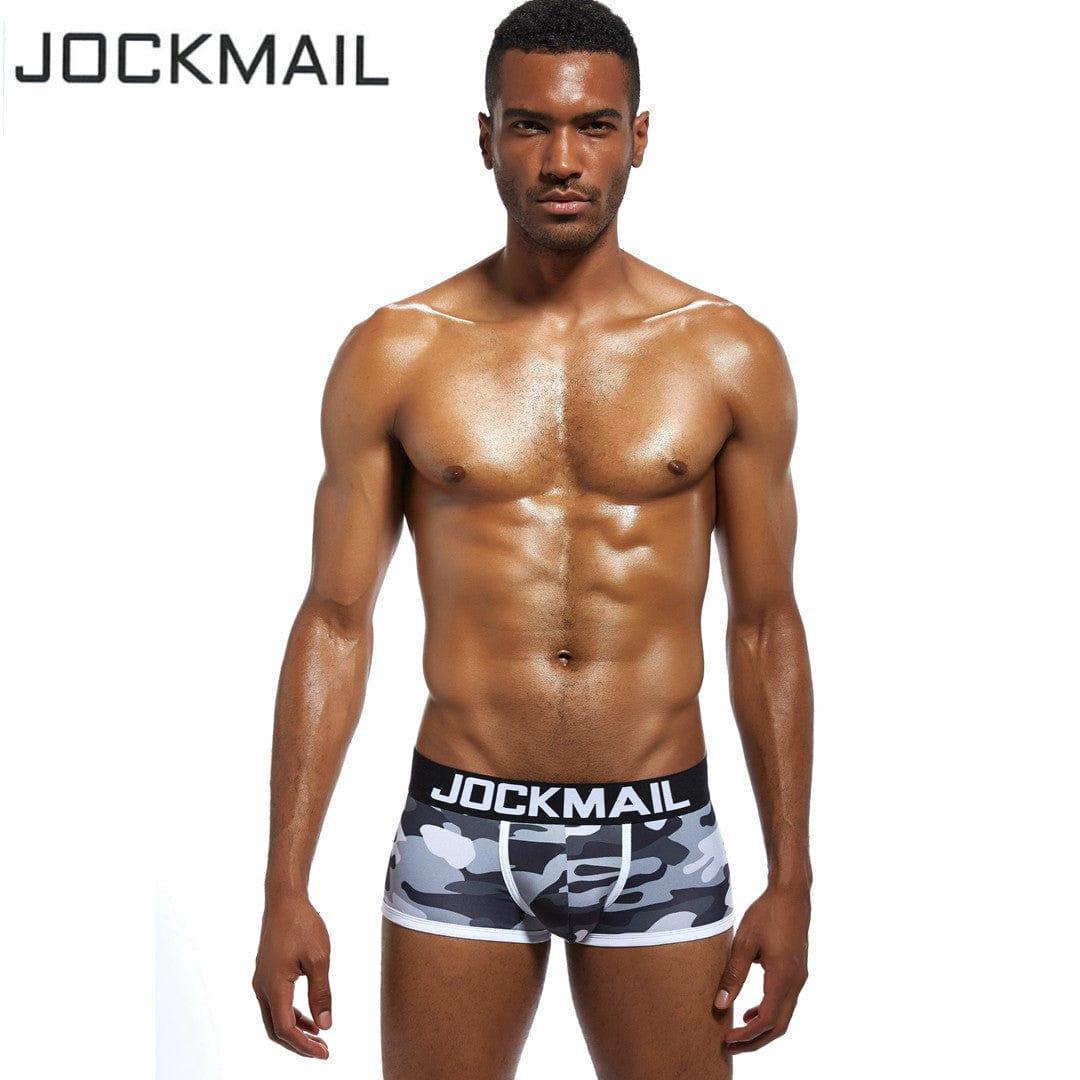 Daily wear|Gym sessions|Holiday parties|Pride events|Night gatherings|Breathable|Butt-lift design|Snug fit|Lightweight|Shaping|Waistline control|Slimming|Abdomen control|Comfort|Proper support|Stylish appearance|Festive mood|Body sculpting|Men's trunks|Low-rise underwear|Camo trunks|Sexy trunks|Gray|Front view