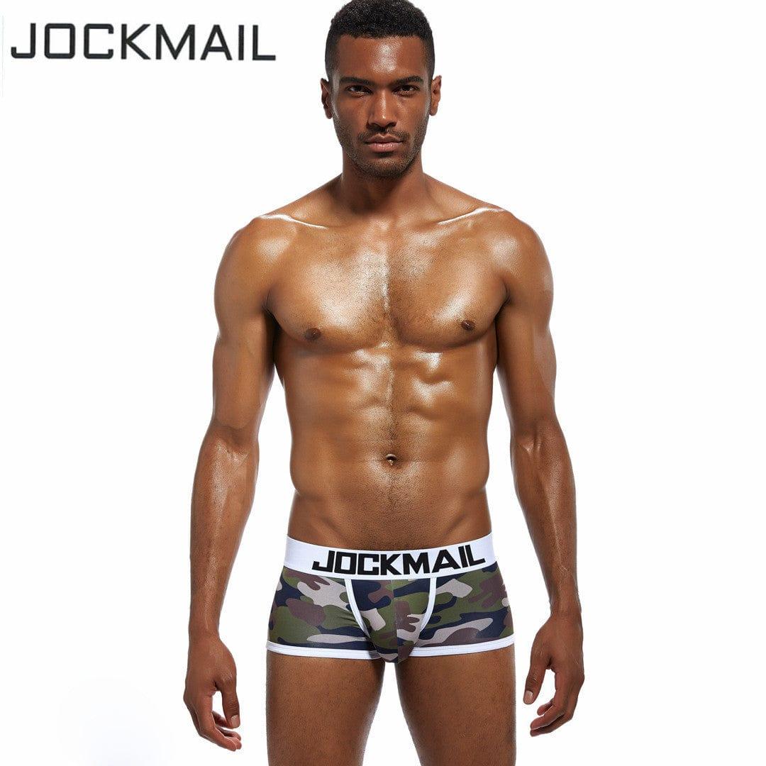 Daily wear|Gym sessions|Holiday parties|Pride events|Night gatherings|Breathable|Butt-lift design|Snug fit|Lightweight|Shaping|Waistline control|Slimming|Abdomen control|Comfort|Proper support|Stylish appearance|Festive mood|Body sculpting|Men's trunks|Low-rise underwear|Camo trunks|Sexy trunks|Green|Front view