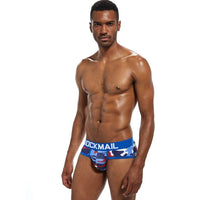 Daily wear|Gym sessions|Holiday parties|Pride events|Night gatherings|Breathable|Butt-lift design|Snug fit|Lightweight|Shaping|Waistline control|Slimming|Abdomen control|Antibacterial|Comfort|Proper support|Stylish appearance|Festive mood|Body sculpting|Men's trunks|Low-rise underwear|Camo trunks|Vigor series trunks|Sexy trunks|Colorful Blue|Front view