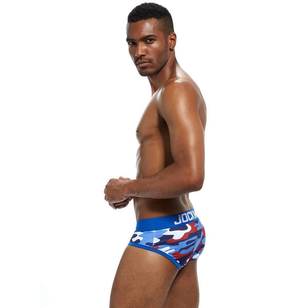 Daily wear|Gym sessions|Holiday parties|Pride events|Night gatherings|Breathable|Butt-lift design|Snug fit|Lightweight|Shaping|Waistline control|Slimming|Abdomen control|Antibacterial|Comfort|Proper support|Stylish appearance|Festive mood|Body sculpting|Men's trunks|Low-rise underwear|Camo trunks|Vigor series trunks|Sexy trunks|Colorful Blue|Left Side view