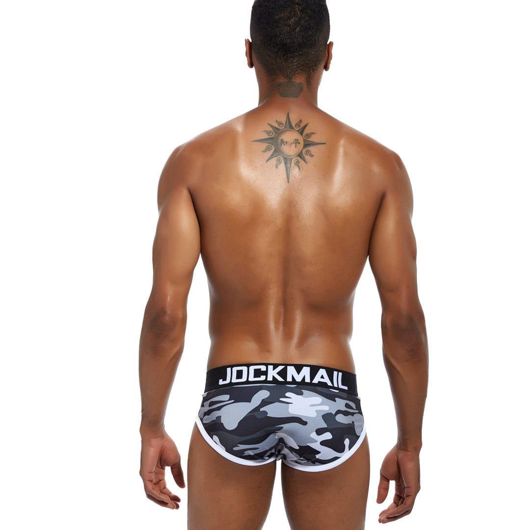 Daily wear|Gym sessions|Holiday parties|Pride events|Night gatherings|Breathable|Butt-lift design|Snug fit|Lightweight|Shaping|Waistline control|Slimming|Abdomen control|Antibacterial|Comfort|Proper support|Stylish appearance|Festive mood|Body sculpting|Men's trunks|Low-rise underwear|Camo trunks|Vigor series trunks|Sexy trunks|Gray|Back view
