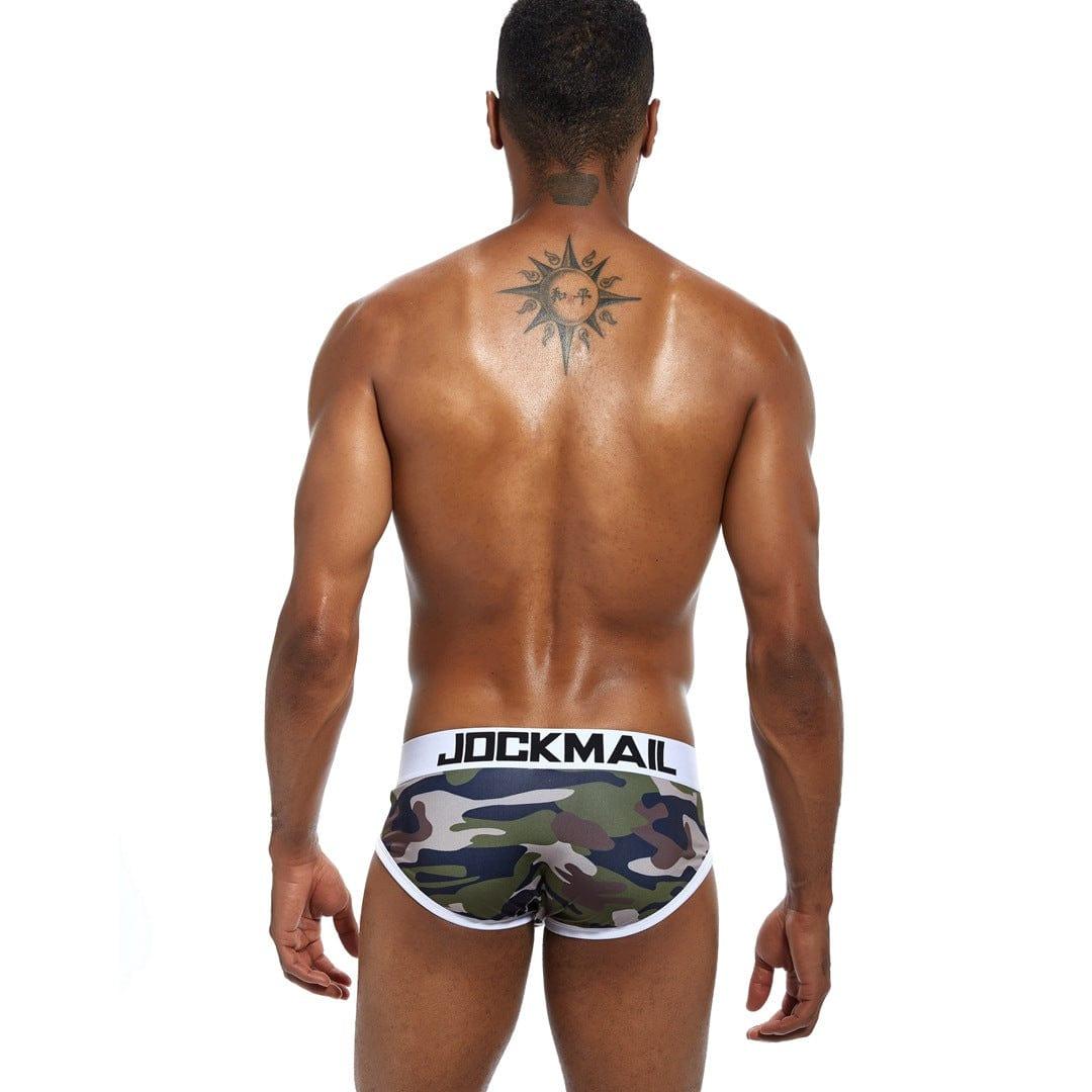 Daily wear|Gym sessions|Holiday parties|Pride events|Night gatherings|Breathable|Butt-lift design|Snug fit|Lightweight|Shaping|Waistline control|Slimming|Abdomen control|Antibacterial|Comfort|Proper support|Stylish appearance|Festive mood|Body sculpting|Men's trunks|Low-rise underwear|Camo trunks|Vigor series trunks|Sexy trunks|Green|Back view