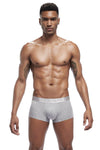 Daily wear|Gym sessions|Holiday parties|Pride events|Night gatherings|Breathable|Butt-lift design|Snug fit|Lightweight|Shaping|Waistline control|Slimming|Abdomen control|Comfort|Proper support|Stylish appearance|Festive mood|Body sculpting|Men's trunks|Low-rise underwear|Polyester pouch trunks|Core design trunks|Sexy trunks|Gray|Front view