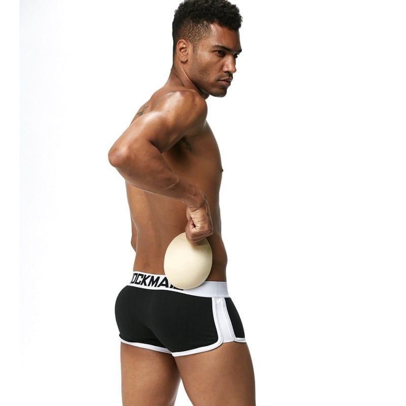 Daily wear|Gym sessions|Holiday parties|Pride events|Night gatherings|Breathable|Butt-lift design|Snug fit|Lightweight|Shaping|Waistline control|Slimming|Abdomen control|Comfort|Proper support|Stylish appearance|Festive mood|Body sculpting|Men's trunks|Low-rise underwear|Cotton trunks|Sponge pad trunks|Sexy trunks|Black|Back view