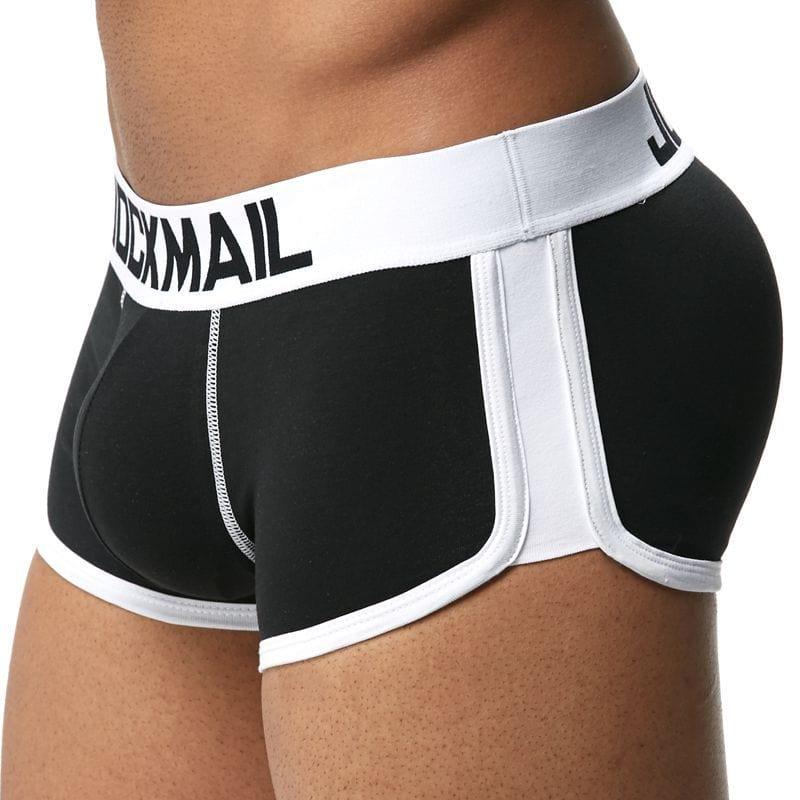 Daily wear|Gym sessions|Holiday parties|Pride events|Night gatherings|Breathable|Butt-lift design|Snug fit|Lightweight|Shaping|Waistline control|Slimming|Abdomen control|Comfort|Proper support|Stylish appearance|Festive mood|Body sculpting|Men's trunks|Low-rise underwear|Cotton trunks|Sponge pad trunks|Sexy trunks|Black|Left Side view