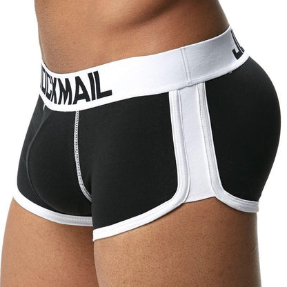Daily wear|Gym sessions|Holiday parties|Pride events|Night gatherings|Breathable|Butt-lift design|Snug fit|Lightweight|Shaping|Waistline control|Slimming|Abdomen control|Comfort|Proper support|Stylish appearance|Festive mood|Body sculpting|Men's trunks|Low-rise underwear|Cotton trunks|Sponge pad trunks|Sexy trunks|Black|Left Side view