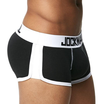 Daily wear|Gym sessions|Holiday parties|Pride events|Night gatherings|Breathable|Butt-lift design|Snug fit|Lightweight|Shaping|Waistline control|Slimming|Abdomen control|Comfort|Proper support|Stylish appearance|Festive mood|Body sculpting|Men's trunks|Low-rise underwear|Cotton trunks|Sponge pad trunks|Sexy trunks|Black|Right Side view