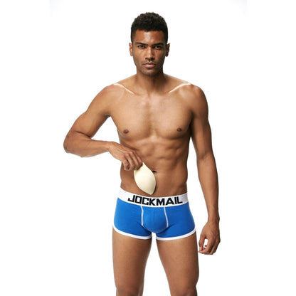 Daily wear|Gym sessions|Holiday parties|Pride events|Night gatherings|Breathable|Butt-lift design|Snug fit|Lightweight|Shaping|Waistline control|Slimming|Abdomen control|Comfort|Proper support|Stylish appearance|Festive mood|Body sculpting|Men's trunks|Low-rise underwear|Cotton trunks|Sponge pad trunks|Sexy trunks|Blue|Front view