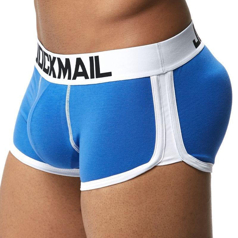 Daily wear|Gym sessions|Holiday parties|Pride events|Night gatherings|Breathable|Butt-lift design|Snug fit|Lightweight|Shaping|Waistline control|Slimming|Abdomen control|Comfort|Proper support|Stylish appearance|Festive mood|Body sculpting|Men's trunks|Low-rise underwear|Cotton trunks|Sponge pad trunks|Sexy trunks|Blue|Left Side view