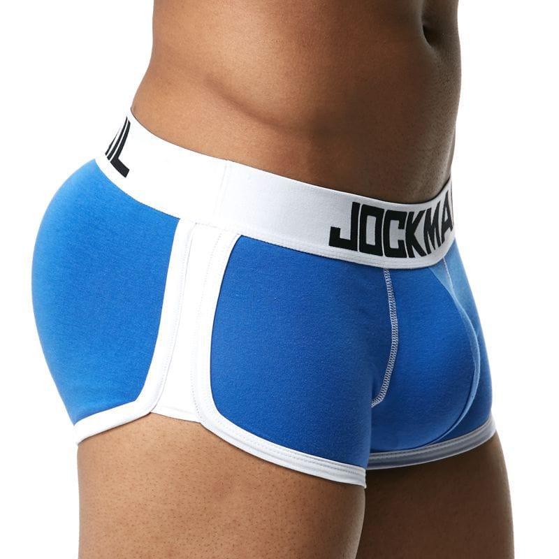 Daily wear|Gym sessions|Holiday parties|Pride events|Night gatherings|Breathable|Butt-lift design|Snug fit|Lightweight|Shaping|Waistline control|Slimming|Abdomen control|Comfort|Proper support|Stylish appearance|Festive mood|Body sculpting|Men's trunks|Low-rise underwear|Cotton trunks|Sponge pad trunks|Sexy trunks|Blue|Right Side view