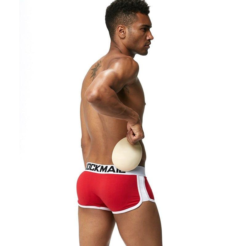 Daily wear|Gym sessions|Holiday parties|Pride events|Night gatherings|Breathable|Butt-lift design|Snug fit|Lightweight|Shaping|Waistline control|Slimming|Abdomen control|Comfort|Proper support|Stylish appearance|Festive mood|Body sculpting|Men's trunks|Low-rise underwear|Cotton trunks|Sponge pad trunks|Sexy trunks|Red|Back view