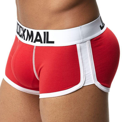 Daily wear|Gym sessions|Holiday parties|Pride events|Night gatherings|Breathable|Butt-lift design|Snug fit|Lightweight|Shaping|Waistline control|Slimming|Abdomen control|Comfort|Proper support|Stylish appearance|Festive mood|Body sculpting|Men's trunks|Low-rise underwear|Cotton trunks|Sponge pad trunks|Sexy trunks|Red|Left Side view