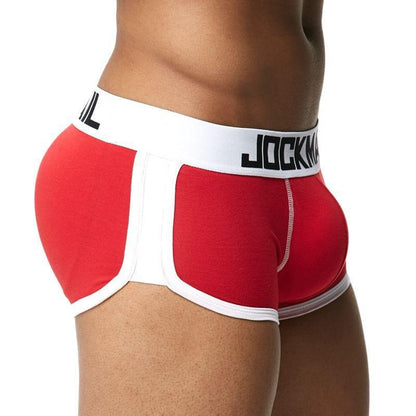 Daily wear|Gym sessions|Holiday parties|Pride events|Night gatherings|Breathable|Butt-lift design|Snug fit|Lightweight|Shaping|Waistline control|Slimming|Abdomen control|Comfort|Proper support|Stylish appearance|Festive mood|Body sculpting|Men's trunks|Low-rise underwear|Cotton trunks|Sponge pad trunks|Sexy trunks|Red|Right Side view