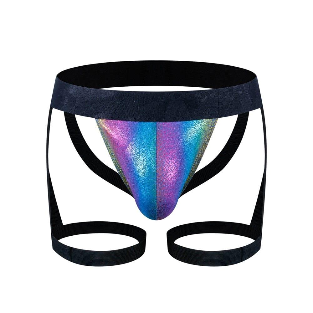 JOCKMAIL Iridescent Suspenders Double Jockstrap men's comfort fit jockstrap in Rainbow, front view