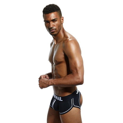 Daily wear|Gym sessions|Holiday parties|Pride events|Night gatherings|Breathable|Butt-lift design|Snug fit|Lightweight|Shaping|Waistline control|Slimming|Abdomen control|Comfort|Proper support|Stylish appearance|Festive mood|Body sculpting|Men's trunks|Low-rise underwear|Polyester pouch trunks|Sexy trunks|Open-back trunks|Black|Left Side view