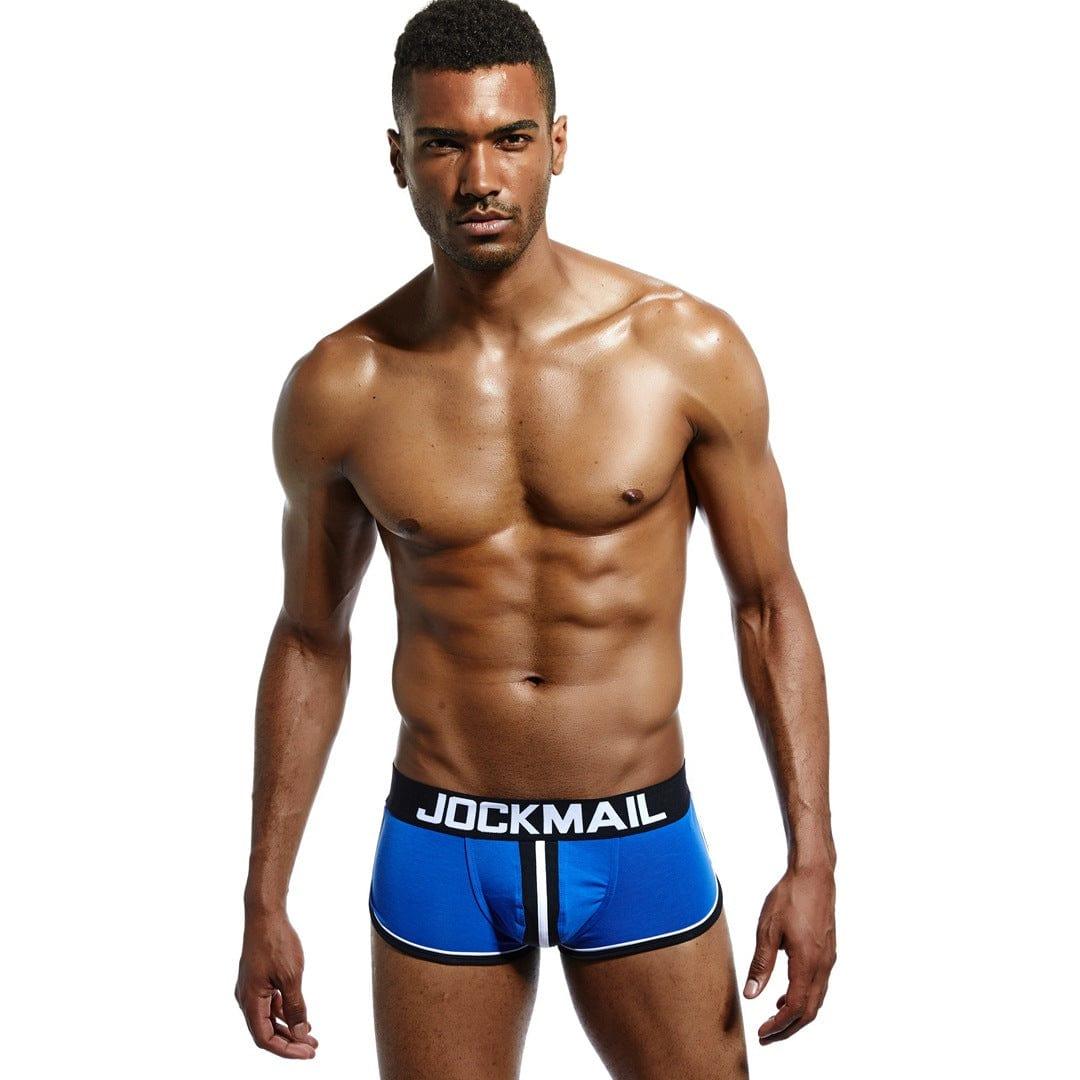 Daily wear|Gym sessions|Holiday parties|Pride events|Night gatherings|Breathable|Butt-lift design|Snug fit|Lightweight|Shaping|Waistline control|Slimming|Abdomen control|Comfort|Proper support|Stylish appearance|Festive mood|Body sculpting|Men's trunks|Low-rise underwear|Polyester pouch trunks|Sexy trunks|Open-back trunks|Blue|Front view