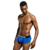 Daily wear|Gym sessions|Holiday parties|Pride events|Night gatherings|Breathable|Butt-lift design|Snug fit|Lightweight|Shaping|Waistline control|Slimming|Abdomen control|Comfort|Proper support|Stylish appearance|Festive mood|Body sculpting|Men's trunks|Low-rise underwear|Polyester pouch trunks|Sexy trunks|Open-back trunks|Blue|Left Side view