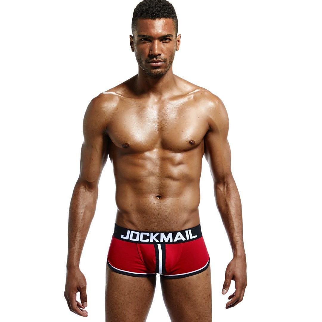 Daily wear|Gym sessions|Holiday parties|Pride events|Night gatherings|Breathable|Butt-lift design|Snug fit|Lightweight|Shaping|Waistline control|Slimming|Abdomen control|Comfort|Proper support|Stylish appearance|Festive mood|Body sculpting|Men's trunks|Low-rise underwear|Polyester pouch trunks|Sexy trunks|Open-back trunks|Red|Front view