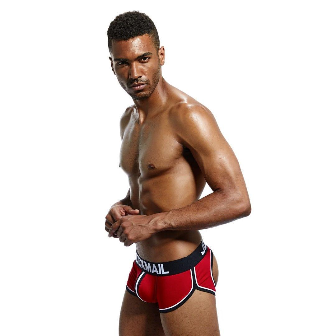 Daily wear|Gym sessions|Holiday parties|Pride events|Night gatherings|Breathable|Butt-lift design|Snug fit|Lightweight|Shaping|Waistline control|Slimming|Abdomen control|Comfort|Proper support|Stylish appearance|Festive mood|Body sculpting|Men's trunks|Low-rise underwear|Polyester pouch trunks|Sexy trunks|Open-back trunks|Red|Left Side view1