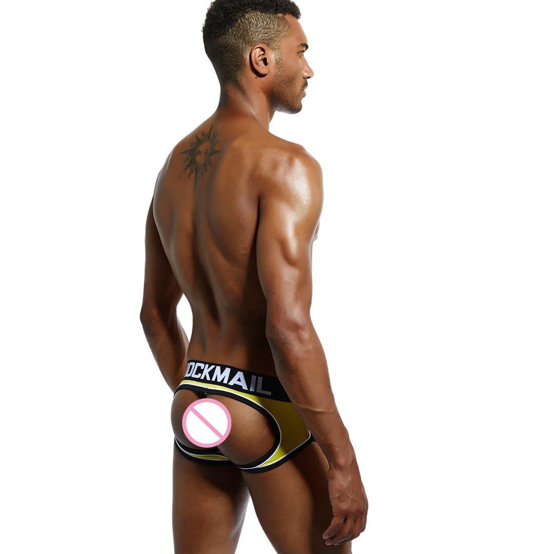 Daily wear|Gym sessions|Holiday parties|Pride events|Night gatherings|Breathable|Butt-lift design|Snug fit|Lightweight|Shaping|Waistline control|Slimming|Abdomen control|Comfort|Proper support|Stylish appearance|Festive mood|Body sculpting|Men's trunks|Low-rise underwear|Polyester pouch trunks|Sexy trunks|Open-back trunks|Yellow|Back view
